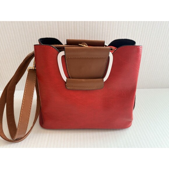 JINGPINDAISHU Women's Red & Brown Handbag Faux Leather Adjustable Strap - Picture 6 of 11